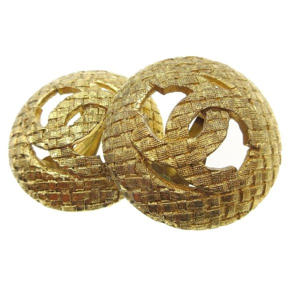 Chanel Button Motif Earrings Quilted Gold-plated Clip-On - Picture 1 of 5